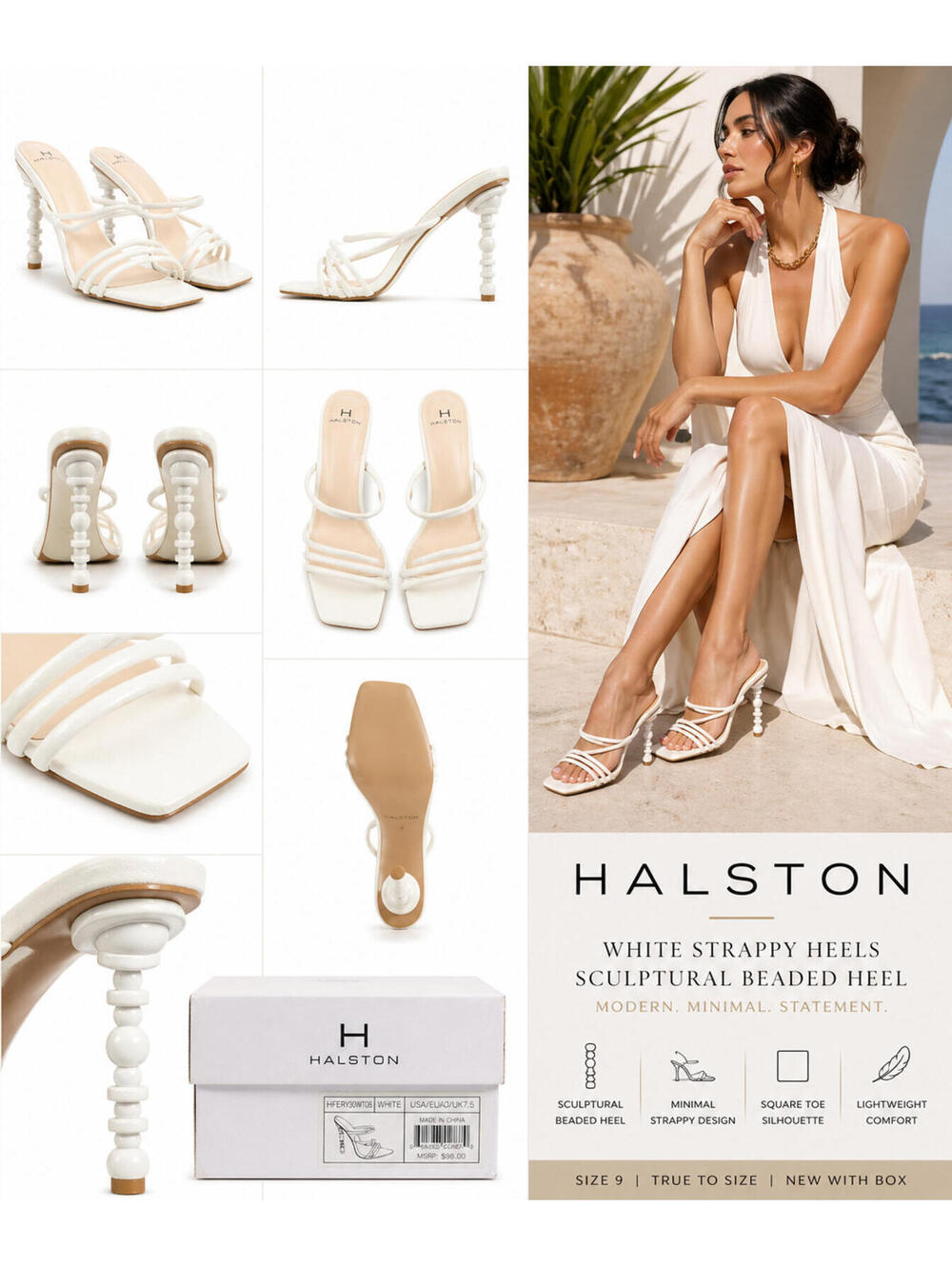 Halston White Strappy Heels Sculptural Beaded Heel Sandals Square Toe Size 9